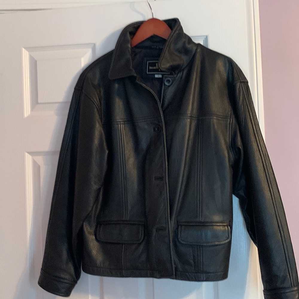 Oversized heavy black leather jacket